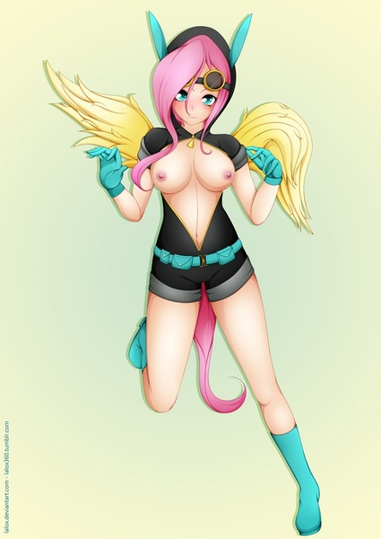 Size: 637x900 | Tagged: artist:lalox, belly button, blushing, breasts, bunny ears, busty fluttershy, clothes, dangerous mission outfit, derpibooru import, female, fluttershy, hoodie, human, humanized, light skin, looking at you, nipples, nudity, open clothes, questionable, solo, solo female, tailed humanization, winged humanization