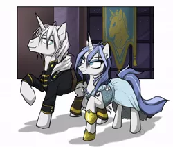 Size: 920x781 | Tagged: safe, artist:ugly-dog, derpibooru import, oc, unofficial characters only, pony, unicorn, calculating, cassius, clothes, dress, duo, gala, imperious, scheming, uniform