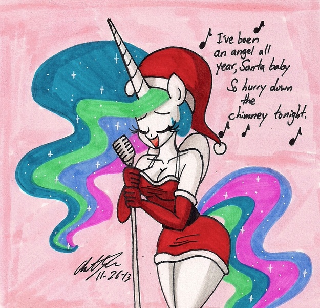 Size: 1211x1162 | Tagged: anthro, artist:newyorkx3, christmas, cleavage, clothes, derpibooru import, evening gloves, female, hat, princess celestia, safe, santa costume, santa hat, singing, solo, traditional art