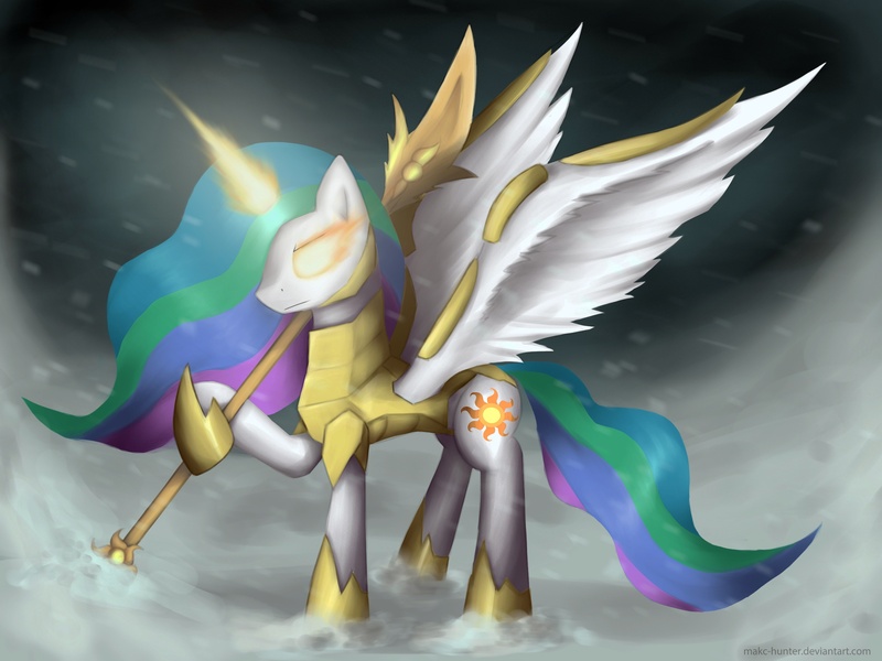 Size: 2500x1875 | Tagged: armor, artist:makc-hunter, derpibooru import, glowing eyes, hail, magic, princess celestia, safe, solo, spear, warrior celestia, weapon, wing armor