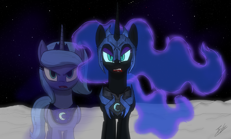 Size: 2500x1500 | Tagged: artist:tomazii7, derpibooru import, duality, moon, nightmare moon, princess luna, s1 luna, safe, solo