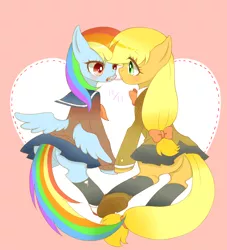 Size: 900x990 | Tagged: safe, artist:yuzuko, derpibooru import, applejack, rainbow dash, appledash, bow, clothes, female, lesbian, miniskirt, pixiv, pleated skirt, pocky, pocky game, school uniform, shipping, skirt, socks