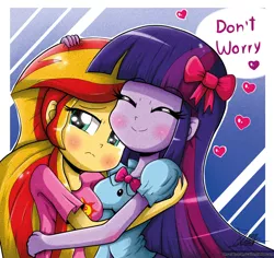 Size: 850x803 | Tagged: safe, artist:the-butch-x, derpibooru import, sunset shimmer, twilight sparkle, equestria girls, blushing, bow, breasts, crying, cute, eyes closed, female, forgiveness, frown, heart, heartwarming, hug, lesbian, moon, sad, shimmerbetes, shipping, smiling, sunsetsparkle, sweet dreams fuel