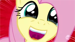 Size: 750x422 | Tagged: castle mane-ia, crying, cute, derpibooru import, edit, edited screencap, fluttershy, happy, hubble, hub logo, inverted mouth, safe, screencap, shyabetes, smiling, solo, speed lines, tears of joy, the hub, uvula, wtf