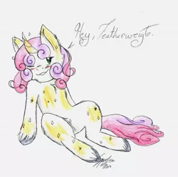 Size: 1480x1473 | Tagged: artist:camspooks, blushing, featherbelle, female, hooves, imminent sex, implied featherweight, implied shipping, luster dust, one eye closed, solo, solo female, suggestive, sweetie belle, unshorn fetlocks