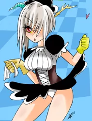 Size: 2504x3296 | Tagged: artist:manhunterj, breasts, clothes, derpibooru import, discord, eris, female, horned humanization, human, humanized, light skin, maid, maid discord, maid eris, rule 63, skirt, skirt lift, solo, suggestive, upskirt