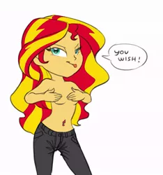 Size: 673x720 | Tagged: suggestive, artist:carnifex, derpibooru import, sunset shimmer, equestria girls, adorasexy, bellyring, breasts, clothes, covering, cute, female, piercing, sexy, solo, solo female, strategically covered, teasing, topless