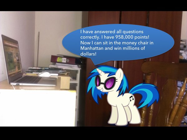 Size: 600x450 | Tagged: artist:j4lambert, chair, computer, derpibooru import, game, leaderboard, macbook air, mac os x, million second quiz, money, nbc, online, safe, show, solo, vinyl scratch