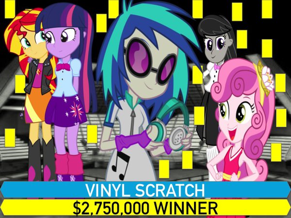 Size: 600x450 | Tagged: safe, artist:j4lambert, derpibooru import, octavia melody, silver spoon, sunset shimmer, sweetie belle, twilight sparkle, vinyl scratch, equestria girls, jackpot, mastermind, million second quiz, msq, nbc, winner