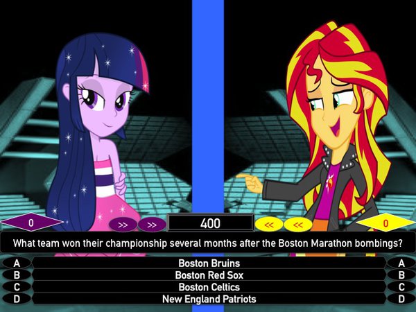 Size: 600x450 | Tagged: safe, artist:j4lambert, derpibooru import, sunset shimmer, twilight sparkle, equestria girls, bombings, boston, bout, bruins, celtics, defense, game, marathon, million, million second quiz, msq, nbc, patriots, quiz, red, second, show, sox, timer, winners