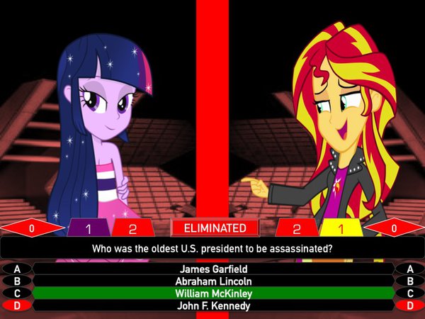 Size: 600x450 | Tagged: safe, artist:j4lambert, derpibooru import, silver spoon, sunset shimmer, twilight sparkle, equestria girls, assassination, bout, defense, eliminated, game, mckinley, million, million second quiz, msq, nbc, president, quiz, second, show, tiebreaker, william, winners