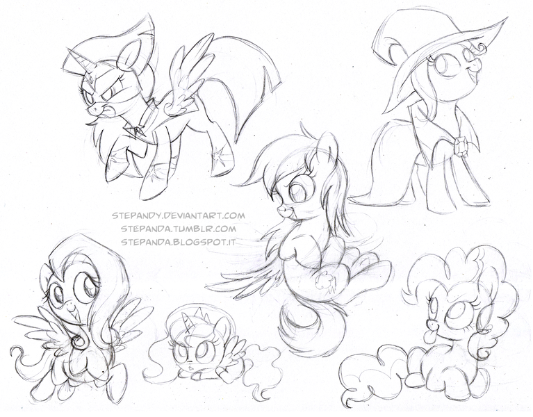 Size: 5070x3966 | Tagged: safe, artist:stepandy, derpibooru import, fluttershy, pinkie pie, princess luna, rainbow dash, trixie, twilight sparkle, twilight sparkle (alicorn), alicorn, pony, female, filly, mare, monochrome, sketch, sketch dump, woona