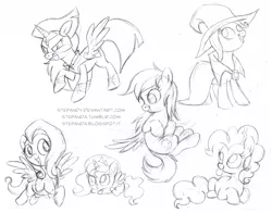 Size: 5070x3966 | Tagged: safe, artist:stepandy, derpibooru import, fluttershy, pinkie pie, princess luna, rainbow dash, trixie, twilight sparkle, twilight sparkle (alicorn), alicorn, pony, female, filly, mare, monochrome, sketch, sketch dump, woona