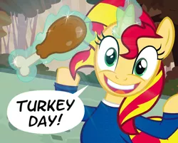 Size: 900x725 | Tagged: safe, artist:pixelkitties, derpibooru import, sunset shimmer, pony, turkey, cooked, dead, drumstick, faic, food, garbage day, magic, ponies eating meat, silent night deadly night, solo, thanksgiving