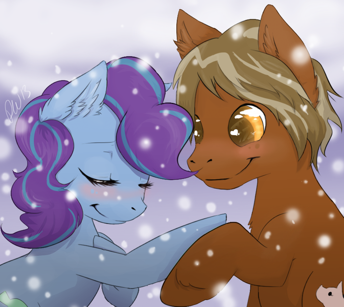 Size: 833x743 | Tagged: safe, artist:e-pon, derpibooru import, oc, oc:shamble, oc:stalwart spry, unofficial characters only, pony, bipedal, blushing, eyes closed, fluffy, holding hooves, smiling, snow, snowfall