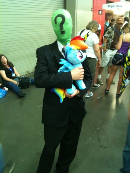 Size: 2048x1536 | Tagged: anon at the con, artist needed, bronycon, bronycon 2013, clothes, cosplay, derpibooru import, human, irl, irl human, oc, oc:anon, photo, plushie, rainbow dash, safe, sideways image, suit