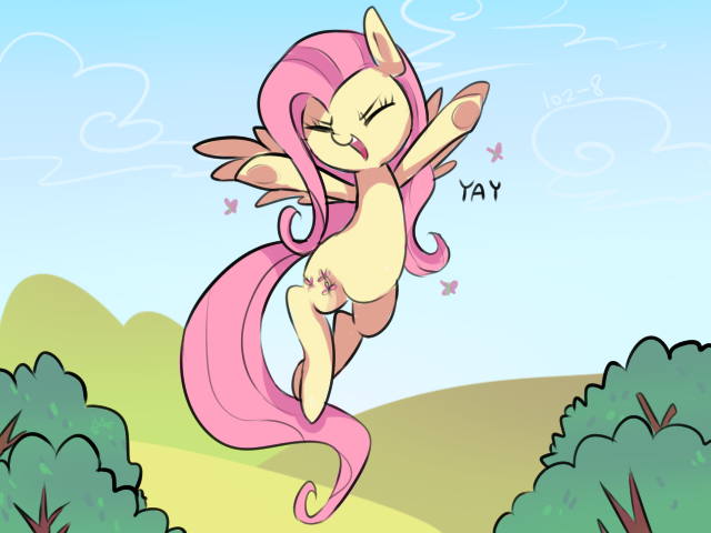 Size: 640x480 | Tagged: safe, artist:kkuyo, derpibooru import, fluttershy, butterfly, pegasus, pony, cute, eyes closed, female, mare, one word, open mouth, shyabetes, solo, yay