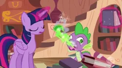 Size: 1365x767 | Tagged: safe, derpibooru import, screencap, spike, twilight sparkle, twilight sparkle (alicorn), alicorn, pony, castle mane-ia, season 4, burp, derp, dragon mail, dragonfire, female, fire, great moments in animation, green fire, male, mare