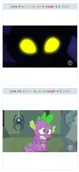 Size: 265x573 | Tagged: castle mane-ia, derpibooru, derpibooru import, exploitable meme, juxtaposition, juxtaposition win, meme, meta, pony of shadows, safe, scared, spike, star spider