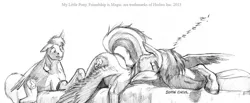 Size: 1100x452 | Tagged: suggestive, artist:baron engel, derpibooru import, rainbow dash, oc, oc:sky brush, fanfic, bed, canon x oc, eyes closed, eyes on the prize, face down ass up, floppy ears, grayscale, messy mane, monochrome, pencil drawing, plot, prone, raised tail, sleeping, spread wings, traditional art, wide eyes, zzz