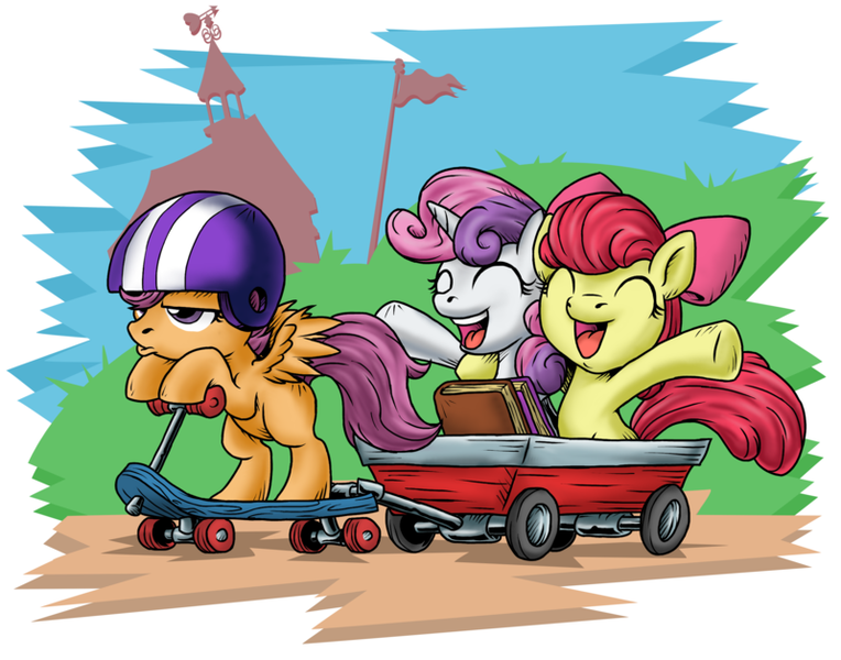 Size: 800x628 | Tagged: safe, artist:sonicpegasus, derpibooru import, apple bloom, scootaloo, sweetie belle, pony, book, cutie mark crusaders, riding, scooter, wagon