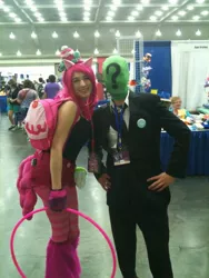 Size: 2048x1536 | Tagged: anon at the con, bronycon, bronycon 2013, clothes, cosplay, costume, derpibooru import, human, irl, irl human, leg warmers, loop-de-hoop, /mlp/, oc, oc:anon, photo, pinkie pie, safe, sideways image