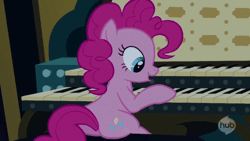 Size: 640x360 | Tagged: animated, castle mane-ia, derpibooru import, hubble, hub logo, musical instrument, organ, organ to the outside, pinkie pie, playing, plot, safe, screencap, solo, the hub