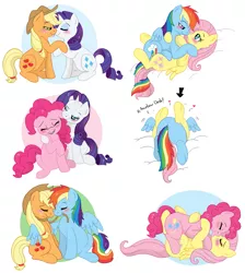 Size: 1397x1562 | Tagged: dead source, suggestive, artist:pawbit, derpibooru import, applejack, fluttershy, pinkie pie, rainbow dash, rarity, earth pony, pegasus, pony, unicorn, :p, appledash, bedroom eyes, blushing, boop, cloud, cuddling, ear bite, eye contact, eyes closed, female, flutterdash, flutterpie, freckles, french kiss, grin, hat, heart, hug, imminent kissing, intertwined tails, kissing, legs in air, lesbian, licking, mare, noseboop, nuzzling, on back, on top, open mouth, raised hoof, rarijack, raripie, rope, shipping, sitting, smiling, snuggling, tongue out, underhoof, winghug, wink