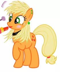 Size: 999x1189 | Tagged: alternate hairstyle, applejack, collar, comb, derpibooru import, earring, lipstick, makeover, makeup, /mlp/, raised hoof, rouge, safe, simple background, solo