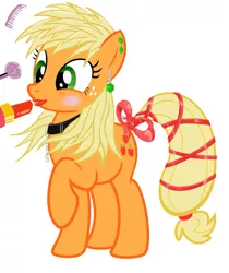 Size: 999x1189 | Tagged: alternate hairstyle, applejack, collar, comb, derpibooru import, earring, lipstick, makeover, makeup, /mlp/, raised hoof, ribbon, rouge, safe, simple background, solo, tail bow