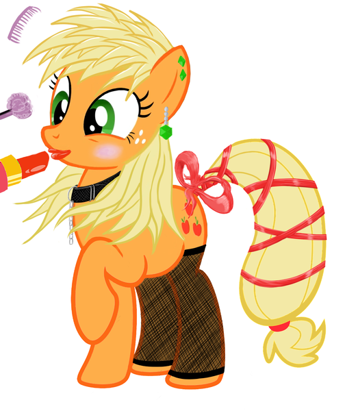 Size: 999x1189 | Tagged: alternate hairstyle, applejack, clothes, collar, comb, derpibooru import, earring, fishnets, lipstick, makeover, makeup, /mlp/, raised hoof, rouge, safe, simple background, solo, stockings, tail bow