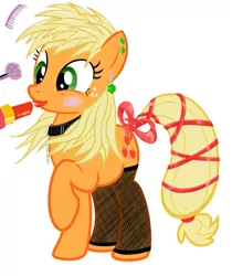 Size: 999x1189 | Tagged: alternate hairstyle, applejack, clothes, collar, comb, derpibooru import, earring, fishnets, lipstick, makeover, makeup, /mlp/, raised hoof, rouge, safe, simple background, solo, stockings, tail bow