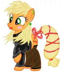 Size: 999x1189 | Tagged: alternate hairstyle, applejack, clothes, collar, derpibooru import, earring, fishnets, leather, lipstick, makeover, makeup, raised hoof, rouge, safe, simple background, smiling, solo, stockings, tail bow, tail wrap