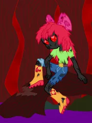 Size: 1200x1600 | Tagged: semi-grimdark, artist:ferrokiva, derpibooru import, apple bloom, zombie, story of the blanks, equestria girls, bad end, blanked apple bloom, boots, clothes, forest, humanized, jeans, pants, red eyes, ripped, ripped jeans, ripped pants, ripped shirt, shirt, shoes, solo, torn clothes, torn pants, tree