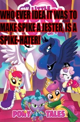 Size: 923x1400 | Tagged: apple bloom, comic drama, cutie mark crusaders, derpibooru import, drama, drama bait, idw, jester, master ruseman, princess celestia, princess luna, safe, scootaloo, spike, spike drama, spike justice warriors, sweetie belle