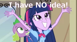 Size: 800x445 | Tagged: safe, derpibooru import, spike, twilight sparkle, dog, equestria girls, equestria girls (movie), hands in the air, i have no idea, image macro, irrational exuberance, smiling, spike the dog