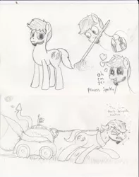 Size: 2552x3236 | Tagged: safe, artist:frikdikulous, derpibooru import, oc, unofficial characters only, earth pony, pony, facial hair, lawn mower, male, monochrome, mouth hold, plewds, pulling, rake, sketch, stallion, sweat, traditional art