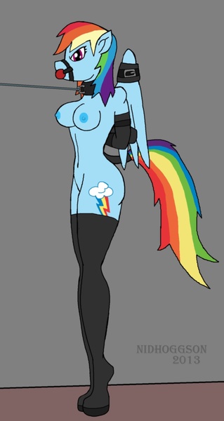 Size: 1201x2257 | Tagged: anthro, arm behind back, armbinder, artist:endnidhoggson, artist:nidrog, ballgag, bondage, boots, bound wings, box tied, breasts, busty rainbow dash, clothes, collar, derpibooru import, female, gag, harness, leash, nipples, nudity, questionable, rainbow dash, solo, solo female, stockings, tail wrap, thigh boots