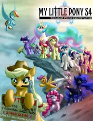 Size: 2700x3500 | Tagged: safe, artist:mykegreywolf, derpibooru import, apple bloom, applejack, fluttershy, pinkie pie, princess cadance, princess celestia, princess luna, rainbow dash, rarity, scootaloo, shining armor, spike, sweetie belle, twilight sparkle, twilight sparkle (alicorn), alicorn, pony, cliff, female, final fantasy, final fantasy tactics, flying lesson, mane six, mare, mouth hold, parody, sign