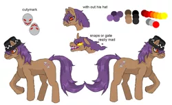 Size: 1024x628 | Tagged: safe, artist:kittenax, derpibooru import, oc, oc:kyoki, unofficial characters only, pony, unicorn, cutie mark, fedora, hat, male, reference sheet, solo, stallion, text, wat