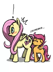 Size: 500x671 | Tagged: artist:chromaskunk, artist:ninthsphere, blushing, butt sniffing, fluttershy, implied foalcon, scootaloo, scootashy, shipping, sniffing, suggestive, surprised