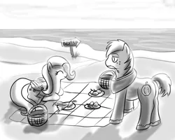 Size: 1000x800 | Tagged: safe, artist:thorheim, derpibooru import, big macintosh, fluttershy, earth pony, pony, beach, fluttermac, male, monochrome, picnic, shipping, stallion, straight