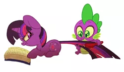 Size: 580x336 | Tagged: safe, artist:circustent, derpibooru import, spike, twilight sparkle, angry, annoyed, book, brush, brushie, brushing, brushing tail, filly, filly twilight sparkle, frown, glare, grooming, image, lying, lying down, pixiv, png, prone, reading, scrunchy face, smiling, tail, tail pull