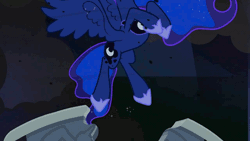 Size: 960x540 | Tagged: safe, derpibooru import, screencap, princess luna, alicorn, pony, princess twilight sparkle (episode), season 4, animated, birth of nightmare moon, castle, castle of the royal pony sisters, chestplate, corrupted, crown, dark magic, darkness, dilated pupils, ethereal mane, eyes closed, eyeshadow, female, flashback, floating, flowing mane, glowing horn, gritted teeth, hoof shoes, horrified, jewelry, looking up, magic, makeup, mare, open mouth, pain, regalia, sin of envy, solo, spread wings, transformation