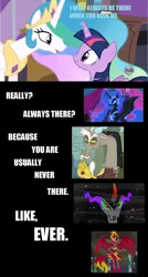 Size: 500x935 | Tagged: safe, derpibooru import, edit, edited screencap, screencap, discord, king sombra, nightmare moon, princess celestia, sunset shimmer, twilight sparkle, twilight sparkle (alicorn), alicorn, umbrum, a canterlot wedding, equestria girls, equestria girls (movie), princess twilight sparkle (episode), debate, drama, hub logo, sunset satan, text, trollestia, wedding blues