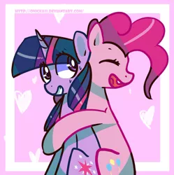 Size: 1024x1027 | Tagged: safe, artist:onicka12, derpibooru import, pinkie pie, twilight sparkle, eyes closed, hug, shipping, twinkie