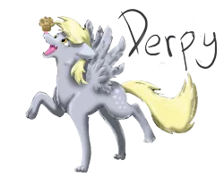 Size: 875x692 | Tagged: safe, artist:dari-draws, derpibooru import, derpy hooves, wolf, muffin, solo, species swap, winged wolf