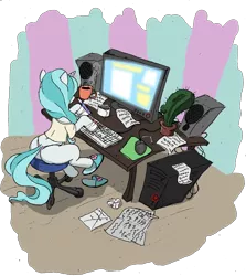 Size: 2248x2524 | Tagged: safe, artist:dreadcoffins, derpibooru import, oc, oc:teal swirl, unofficial characters only, pony, unicorn, ask teal swirl, ask, clothes, computer, messy, panties, sitting, solo, table, thong, underwear