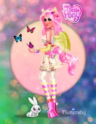 Size: 790x1012 | Tagged: angel bunny, artist:kharis-art, clothes, derpibooru import, dress, eared humanization, fluttershy, human, humanized, light skin, safe, solo, tailed humanization, winged humanization