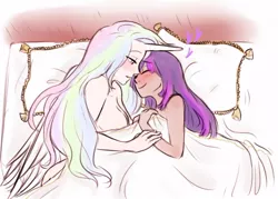 Size: 538x385 | Tagged: aftersex, artist:dashyice, bed, bedroom eyes, blanket, blushing, breasts, busty princess celestia, cuddling, derpibooru import, eyes closed, female, heart, horned humanization, human, humanized, lesbian, light skin, moderate dark skin, nudity, pillow, princess celestia, sheet, shipping, side, smiling, snuggling, suggestive, twilestia, twilight sparkle, winged humanization